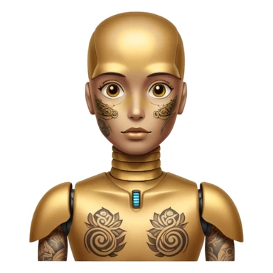gold Tatooed robot, big many tatooes on chest, neck and face, white tatoo on face sticker