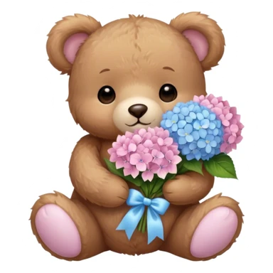 light brown teddy bear super cute holding a light pink and light blue bouquet of hydrangeas sticker
