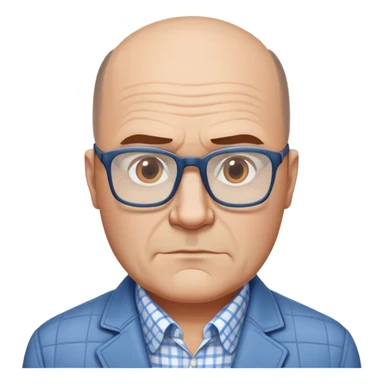 50-year-old heavyset man with wide face and prominent square jawline. Hair only on top of head with completely bald sides (horseshoe pattern baldness). Large dark square glasses. Serious-relaxed expression. Light gray jacket that fits his larger frame, white shirt with blue checkered pattern. sticker