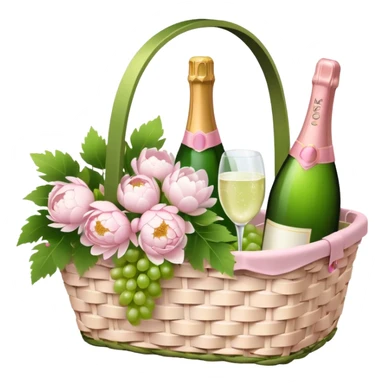 White Picnic basket with light pink bow, white peonies, grapes and one pink champage bottle inside sticker