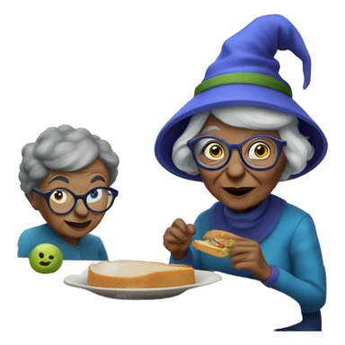 smart granny witch with glasses and blue hat lunching with friends sticker