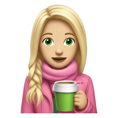 blonde girl long straight hair with green eyes a pink earmuffs pink jacket crème scarf with a hot coffee in her hand  sticker