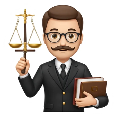 “Create a clean, modern emoji-style illustration of a male lawyer. He is wearing a formal suit jacket. He is holding a judge’s gavel in one hand and has a law book tucked under his arm. He has a mustache and beard!, and he is wearing glasses. sticker