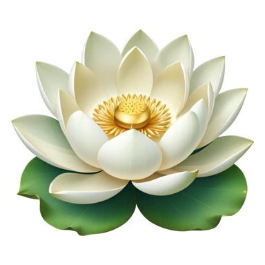 Pure white lotus flower with delicate pristine petals and golden center, accompanied by botanically accurate lotus leaf with distinctive notch and upturned edges sticker