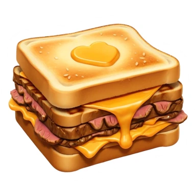 kavurma meat toasted sandwich object icon, grilled toasted bread, sautéed Turkish kavurma beef filling, melted cheese, juicy meat texture, golden brown crust, warm steam rising, 3D cartoon, mobile game icon style, centered, clean background, no text, no watermark sticker