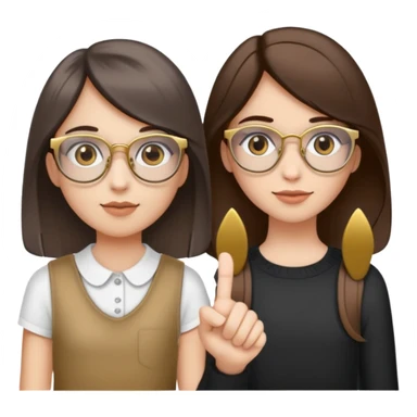 A girl with grey eyes, with medium hair and bleached in her brown hair holds the hand of another girl with longer dark brown hair , she wears gold glasses and both have braces sticker