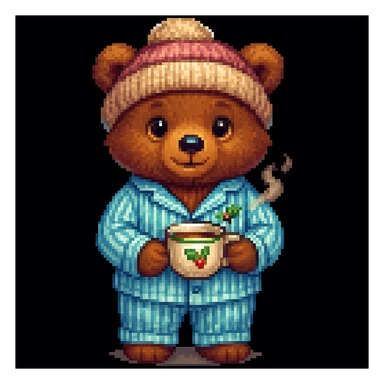 A bear in pajamas, pixel art style, holding a cup of tea, with a hat sticker