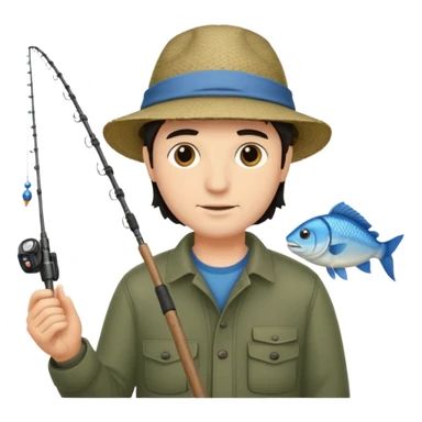 GRANJERO PIEL CLARA Y PELO OSCURO  CON CAÑA DE PESCAR Y UN PESCADO EN LA CAÑA QUE SEA HOMBRE sticker