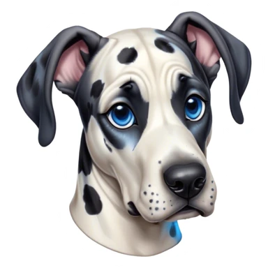 Cinematic Cute Harlequin Great Dane Portrait Emoji, Head tilted playfully and inquisitively, featuring a glossy coat of predominantly white with dynamic black patches, round, sparkling blue eyes filled with gentle curiosity, Simplified yet irresistibly adorable features, highly detailed, glowing with a warm, friendly glow, high shine, affectionate and gentle, stylized with a touch of whimsy, bright and endearing, soft glowing outline, capturing the essence of a mischievous yet loving pup, so playful it feels like it could lumber out of the screen and into your arms! sticker
