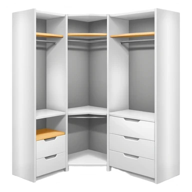 Glossy white PVC corner closet with L-shaped design, fitted into a sharp room corner. Clean, simple shelves and smooth panels with subtle shadows to show depth. Minimalist look with modern vibes, no handles or textures, emoji-style with bright highlights and soft gray edges to define structure. sticker