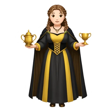 Helga Hufflepuff,brown-haired,2 braids,yellow-black medieval open dress,deep neckline,fat macromastia,black cloak decorated with gold braiding,gold cup with two handles,very kind smile,curvy busty sweet woman,round rosy cheeks,full length with medieval shoes sticker