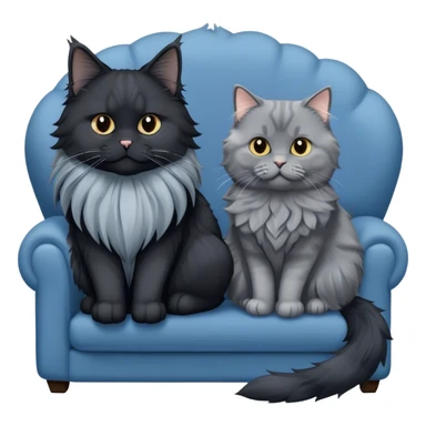 A large black smoke Maine Coon cat with long grey ear tufts and a fluffy grey ruff, sitting next to a chubby British Shorthair cat in blue color with plush fur, both sitting comfortably on a sofa. Beautiful room background with flowers and soft lighting. Transparent background. sticker