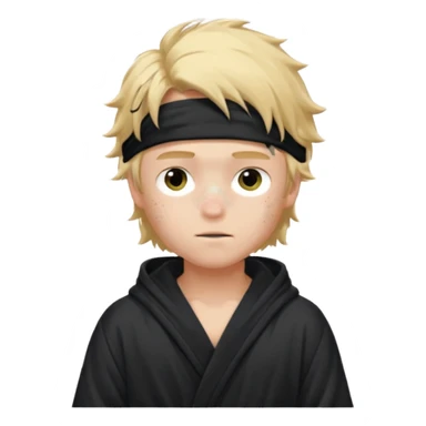 Create a blond boy with long, messy hair, light eyes, a white t-shirt, rich, with long hair, blue eyes, medium-length, voluminous hair, wearing a black Nike bathrobe and a little blush near his nose. and with a balaclava like a ninja and with freckles sticker