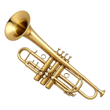 Create a sleek and professional emoji representing a Stomvi trumpet. The design should showcase the shiny, polished brass body of the trumpet with its distinct bell, valves, and tuning slides. Highlight the intricate keywork and the valve pistons, with detailed metallic accents and subtle reflections on the surface. The mouthpiece should be visible at the top of the instrument. Use golden and brass tones with light reflections to emphasize the smooth, high-quality finish. Add a few musical notes floating around the trumpet to evoke its bright and resonant sound. The background should be transparent. sticker