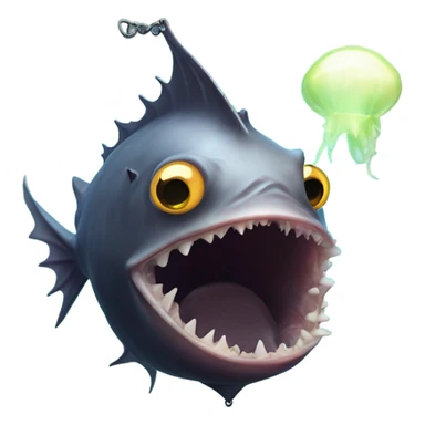 Anglerfish with a glowing lure hanging from its forehead, sharp teeth, and big eyes. sticker