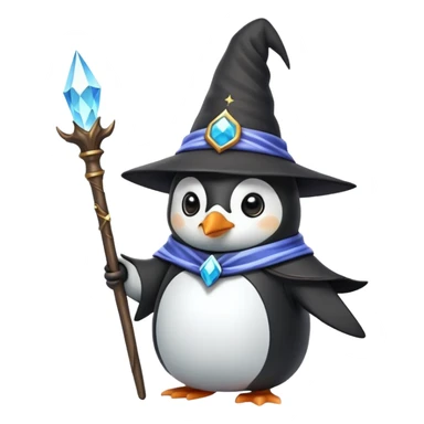 cute penguin wizard with a magical staff and a pointy hat sticker