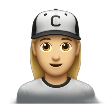 the traditional ghost emoji, but with male medium length hair and an entirely black baseball cap sticker