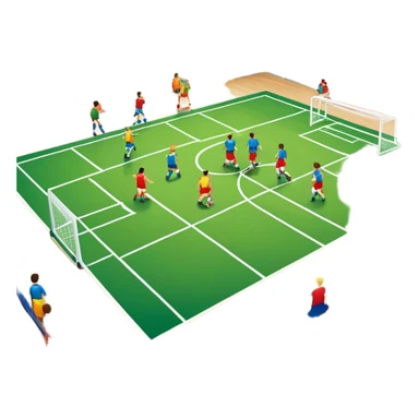 A mini-football match in an indoor sports hall with wooden flooring and clear field markings. The scene shows a vibrant game in action, with players positioned on the court, the goalposts visible, and the atmosphere filled with energy and focus. sticker