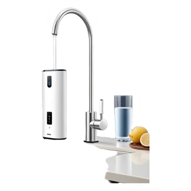 “A slim countertop direct-flow water purifier without water tank, minimal white design with a single faucet, standing on a kitchen counter, soft lighting, modern style” sticker