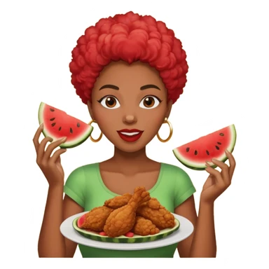 A black woman eating fried chicken and watermelon sticker