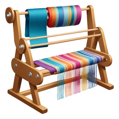 Weaving icon, loom with colorful fabric being woven, visible shuttle, spools of yarn, fabric swatches, sewing patterns, and finished clothes, minimalistic style, clean lines, transparent background. sticker