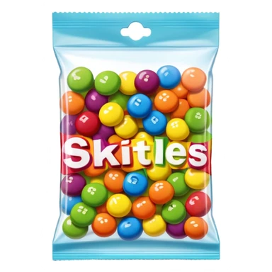 A Skittles candy package with multiple pieces of transparent tape holding it closed, rainbow colored packaging, minimalist style sticker