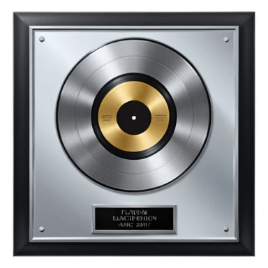 A platinum music award plaque: a square, polished platinum plate with a subtly textured, mirror-like finish, mounted on a simple dark metal base. The center features a relief of a or stylized vinyl record in a slightly darker metallic tone.  sticker
