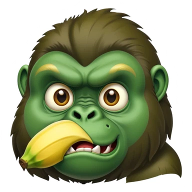 A cartoon banana with a forest green gorilla face, big nostrils and menacing expression sticker