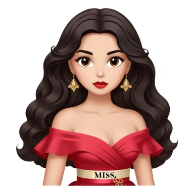 A woman with almond-toned skin, dark voluminous hair in waves, expressive eyes with soft lashes and shimmer, full lips with a glossy nude-pink color, wearing a red dress and a white sash with “Miss San Juan” in black letters, exuding elegance and confidence. sticker