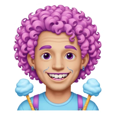 very cheerful colorful puffy violet curly haired man made out of cotton candy wearing teeth-braces and tattoos and face tattoos just face  sticker