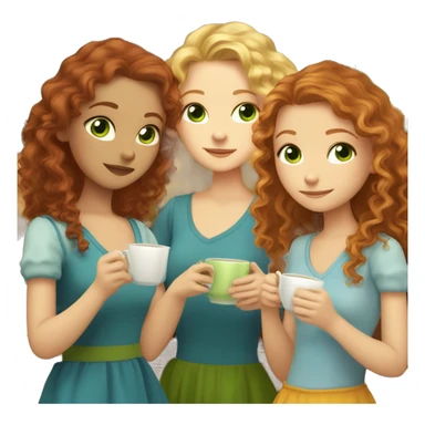 Three fair-skinned girls, a blonde with curly hair and gray eyes, a redhead with green eyes and long hair and a brown-haired woman with long hair and blue eyes are drinking tea sticker