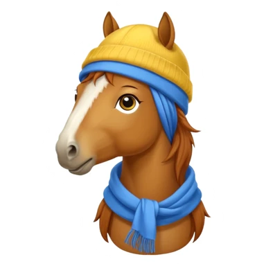 a fabulous funny winter horse in a yellow hat with a blue scarf sticker