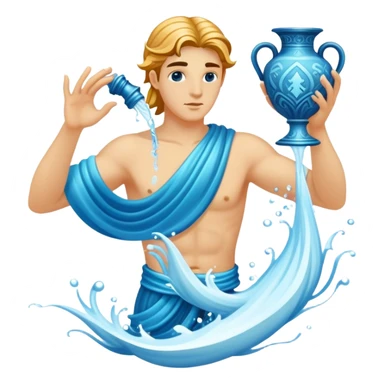 The zodiac symbol Aquarius. A mystical and beautiful water bearer, holding and pouring water into the sea from a large, intricate, and arcane vase sticker