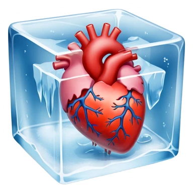 Ultra-realistic photo of a human heart frozen inside a clear ice cube, sharp details, icy texture, frost on the surface, studio lighting, 8k resolution sticker