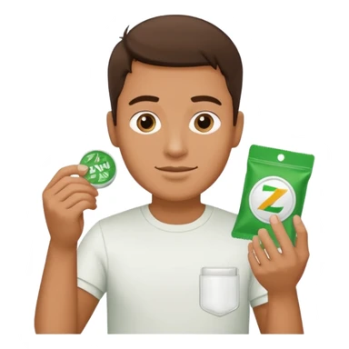 Man holding Zyn spearmint snus in palm and a white pouch in the other sticker