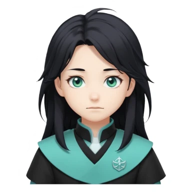 Tokito Muichiro emoji style — calm boy with long black hair fading mint green, turquoise eyes, pale skin, dreamy face, wearing dark Demon Slayer uniform, black + teal tone, anime cute clean style. sticker