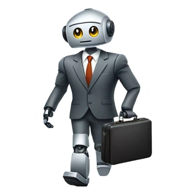 Robot with a business suit and briefcase walking into work with message “living the dream” sticker
