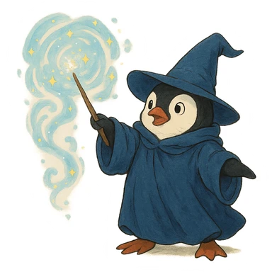 ghibli style penguin wizard casting a spell sticker