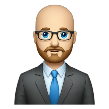 questioning business analyst on a conf call bald with beard with blue eyes and glasses with a phone sticker