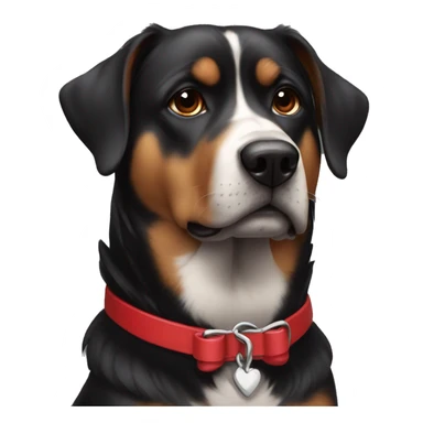 black dog, big jowls, sad puppy eyes, angel wings, red collar sticker