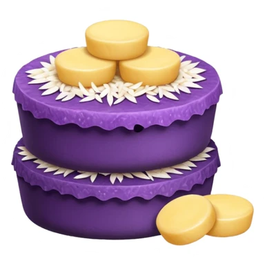 Create an emoji-style illustration of puto bumbong. Purple steamed rice cakes stacked together, topped with butter, grated coconut, and brown sugar. Cute, clean, iOS-style emoji look sticker