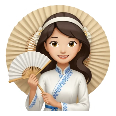 a vietnamese woman wearing a white ao dai holding a folding fan elegantly, wearing a nón lá sticker