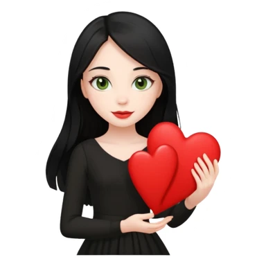 Pale girl with long black hair and olive green eyes soft smile wearing black dress and holding a heart sticker