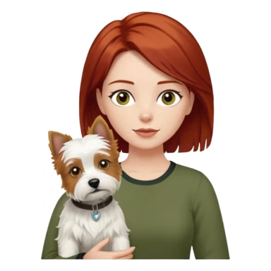 Westhighland white terrier dog being held by woman with dark shoulder length red hair and hazel eye wearing olive green top sticker
