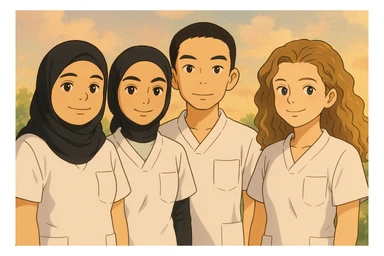 Four nursing students standing side by side in a warm atmosphere, styled in Ghibli. They wear white short-sleeve uniforms without collars, no undershirts or stethoscopes. Tops are medical tunics with V-necks and a chest pocket on the left side. Faces and attitudes inspired by the four provided photos, with a different composition. sticker