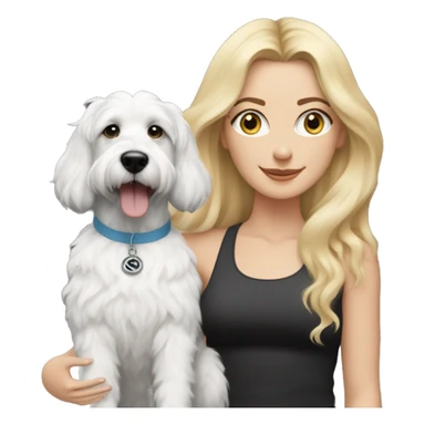 white woman with long blonde hair and cat shaped eyes wearing a yoga outfit standing alongside a black and white colored bernadoodle dog sticker