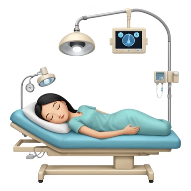 A female patient with black hair lying on an examination bed, head on a pillow and eyes closed, shown in a wide, full-body view in a clean colonoscopy procedure room. No medical staff visible. sticker