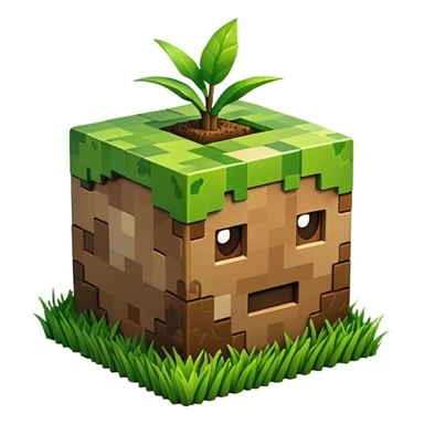 A 3D Apple-style emoji of a Minecraft grass block, cubic shape, with bright green grass on top and brown soil with pixel texture on the sides, simple and cute cartoon design. sticker