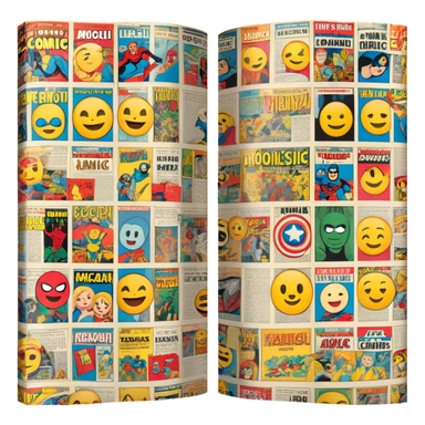 detailed and vintage-inspired emoji representing comic magazines and graphic novels as a storytelling art form. a large, open comic magazine with pages filled with classic American comic book panels. classic feel of old-school comic books a graphic novel. background transparent. No smiles! sticker