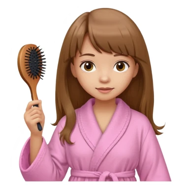 a girl with light skin and medium brown long hair with bangs who is brushing her hair with a hairbrush and she is wearing a light pink bathrobe sticker